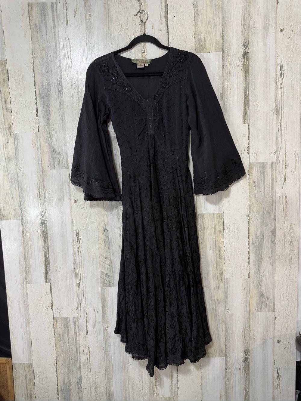 Butterfly Rayon Black Embroidered Maxi Dress Trumpet Sleeve - Picture 3 of 15